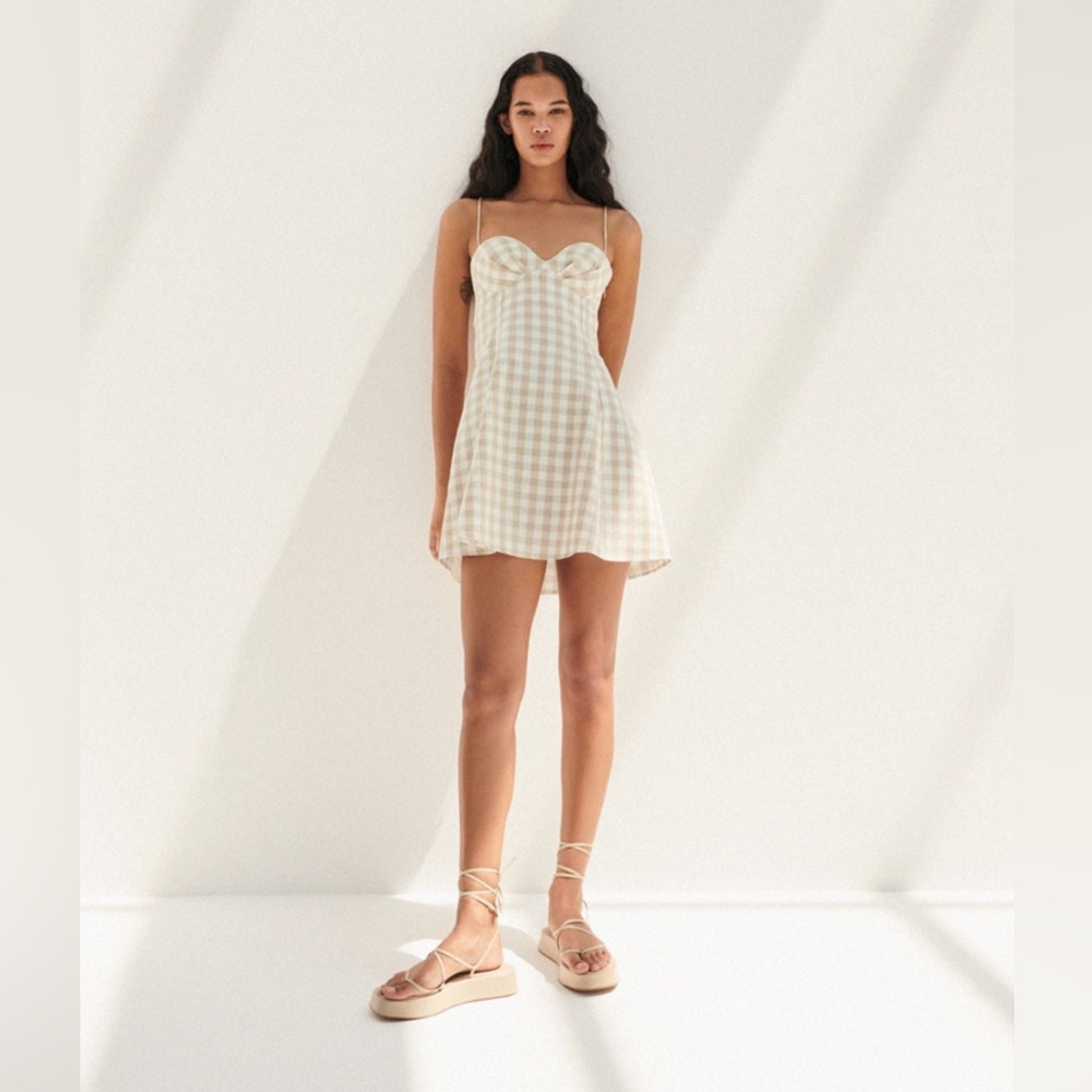Zara Gingham Checked Linen Bustier Sweetheart Mini Dress Tan White S - Picture 5 of 12